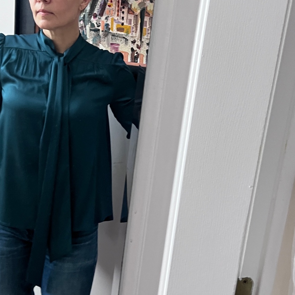 Diane Von Furstenberg dark Teal Green Blouse with Tie Front